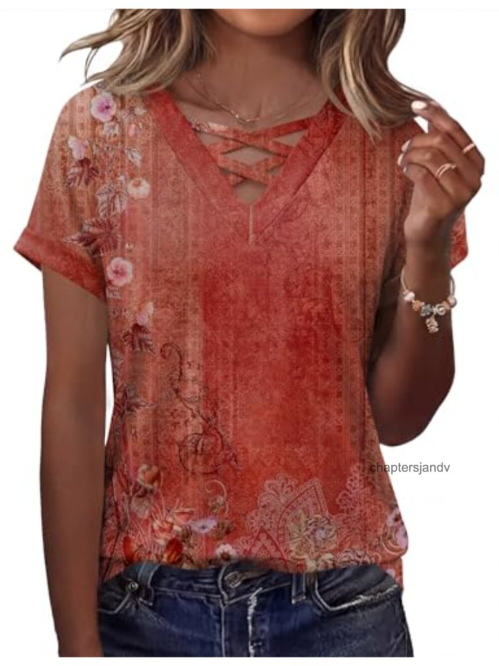 Women's V-Neck Short Sleeve Tee with Criss Cross Front, Floral Top